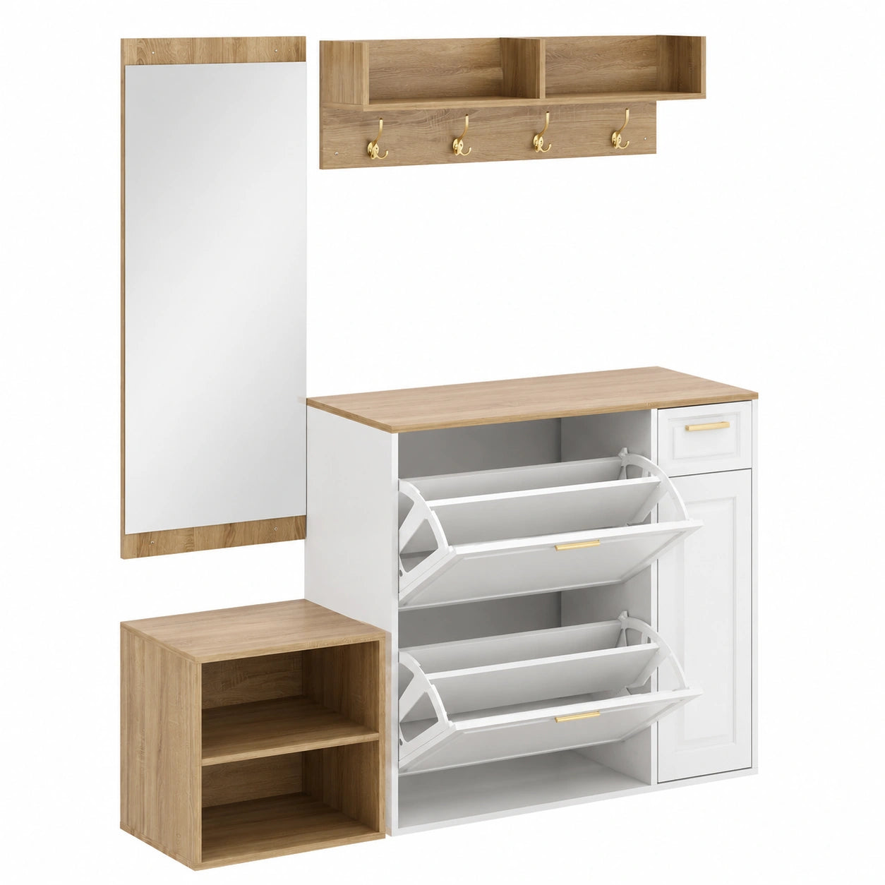 Moderner Flurgarderoben Set mit Schuhschrank und Spiegel, 4-teilig, Natur/Weiß