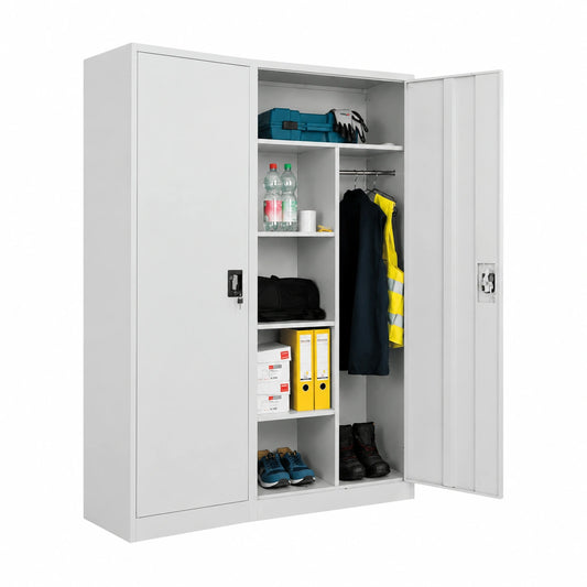 Hochwertiger Aktenschrank aus Metall mit Flügeltüren, 180x80x40cm, abschließbar, 6 Fächer & Kleiderstange, lichtgrau
