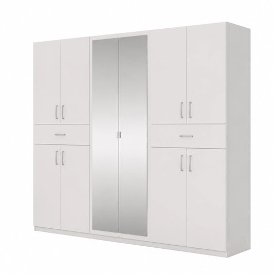 Moderner weißer Kleiderschrank mit Spiegel, 10 Türen und 2 Schubladen