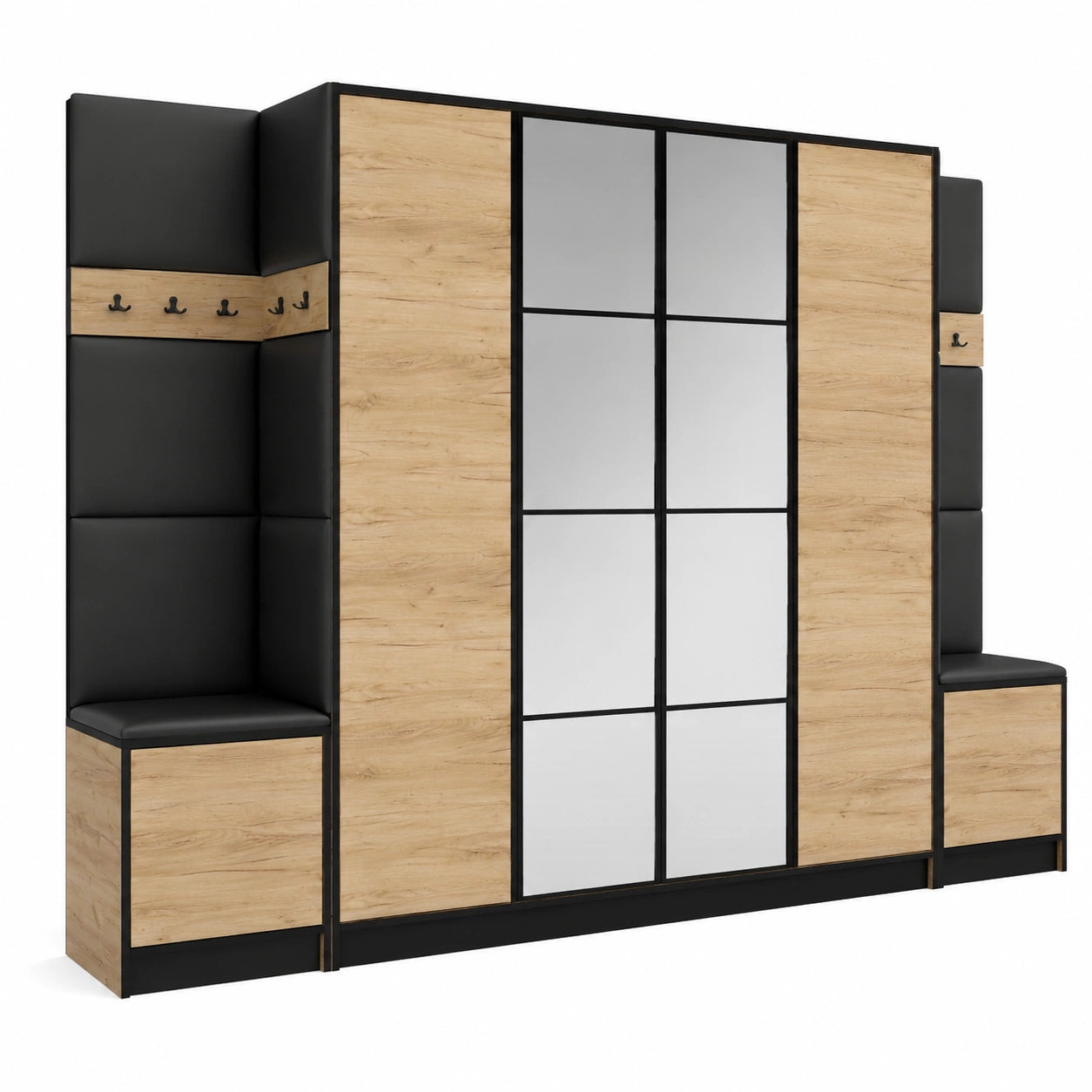 KIER FURNITURE Moderner Garderobenschrank EDEN mit Sitzbank, Craft Eiche & Schwarzes Öko-Leder, 312,8 cm
