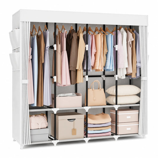 Geräumiger Stoffkleiderschrank mit 4 Regalen und Kleiderstangen, stabil und freistehend, 170 cm breit, Weiß