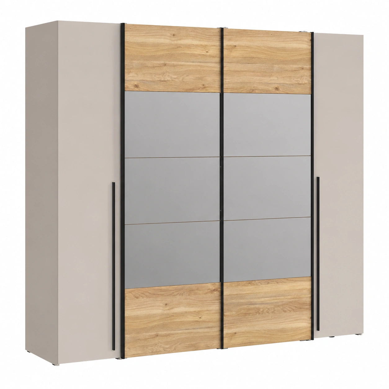Moderner Kleiderschrank NARAGO 4-türig mit Dreh- und Schwebetüren, Eiche-Dekor Kaschmir-Beige, 270 cm