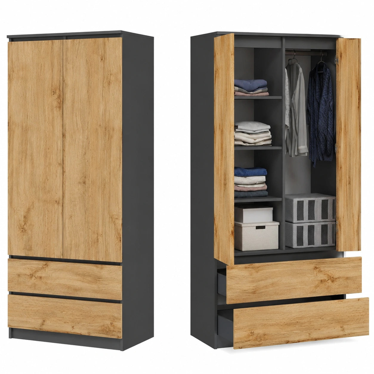 Moderner Mehrzweck-Kleiderschrank mit Schubladen und Kleiderstange, 90x50x180 cm in Anthrazit-Eiche