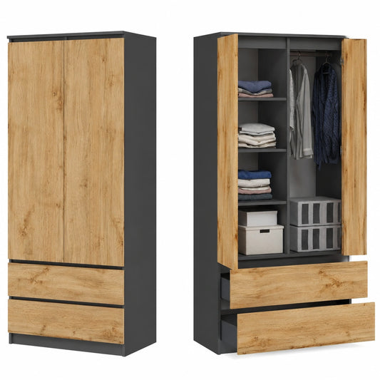 Moderner Mehrzweck-Kleiderschrank mit Schubladen und Kleiderstange, 90x50x180 cm in Anthrazit-Eiche