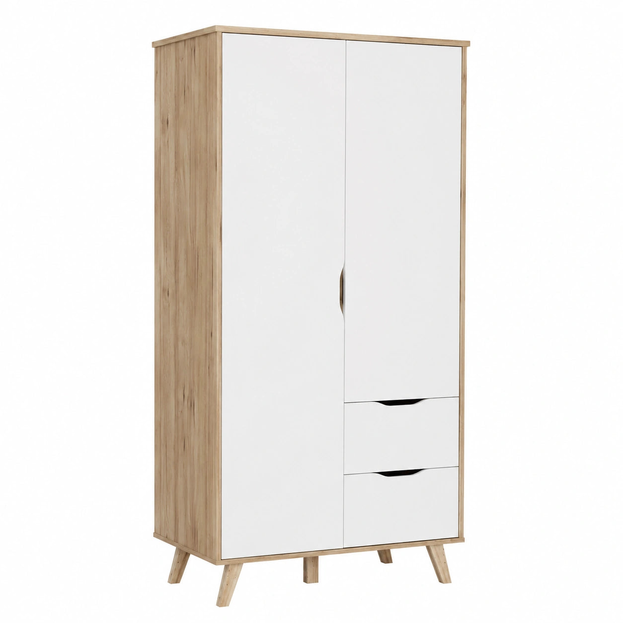 Moderner Kleiderschrank VANKKA mit 2 Türen und Schubladen, Eichedekor mit Weiß, 95 cm