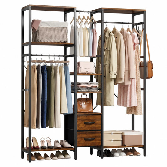 Moderner offener Kleiderschrank aus Holz und Metall, stabil mit Stoffschubladen und Haken, für Schlafzimmer, Naturbraun