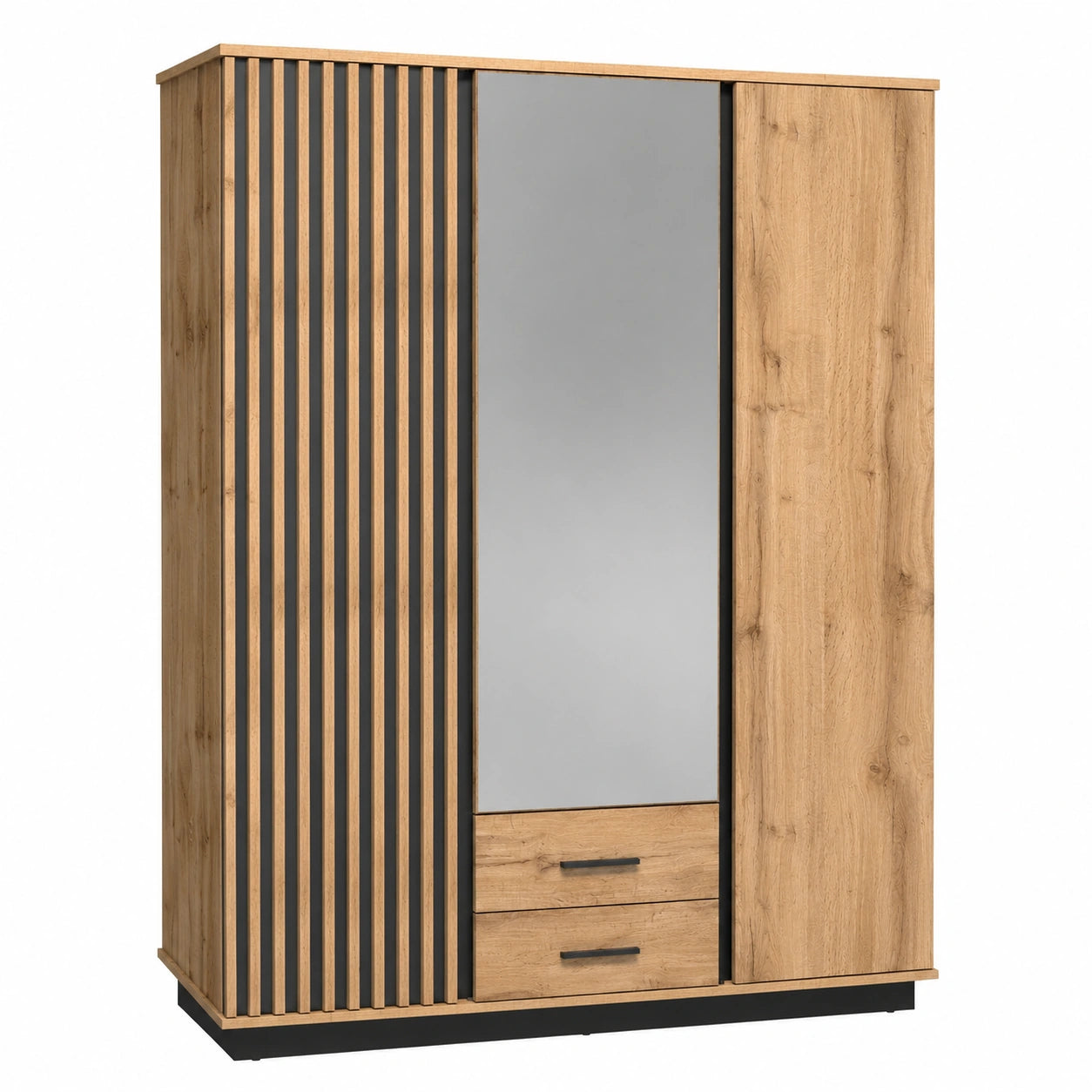 MINIO Kleiderschrank Lamia mit Spiegel, 3 Türen, 2 Schubladen, Wotan Eiche/Schwarz