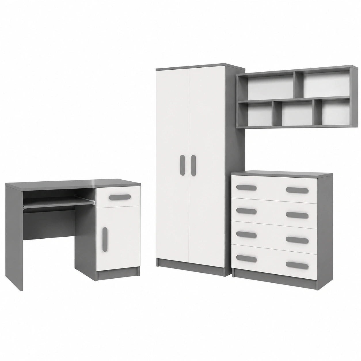 Kindermöbel-Set Jonas II: Schrank, Regal, Kommode, Schreibtisch - Skandinavisches Design in Weiß/Grau
