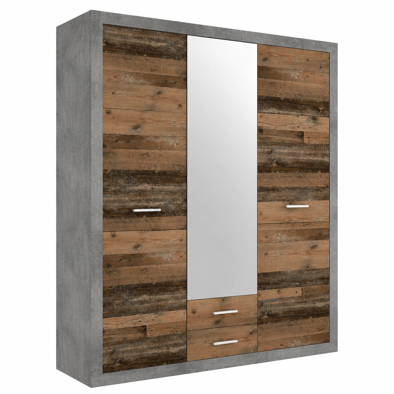 Stella Trading Moderner Kleiderschrank mit Spiegeltür, Drehtüren und Betonoptik - Viel Stauraum, 151 x 198 x 55 cm
