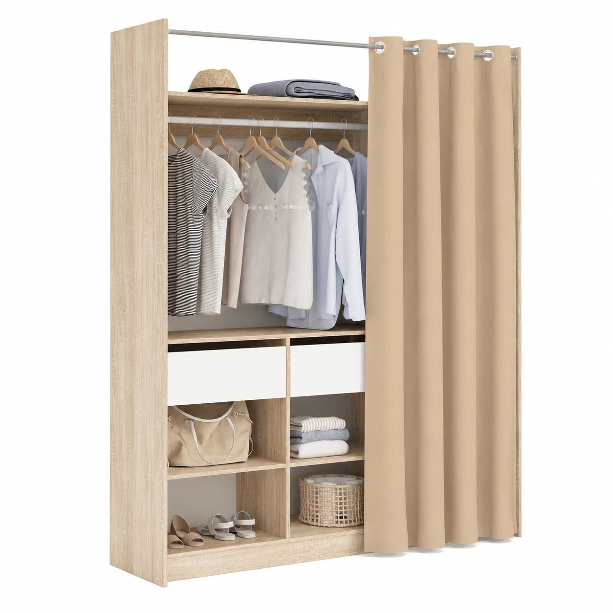 Forte LYTTELON Garderobe 180 cm, innovatives Schranksystem mit beigem Vorhang, offene Fächer, Eiche-Dekor, Holzwerkstoff