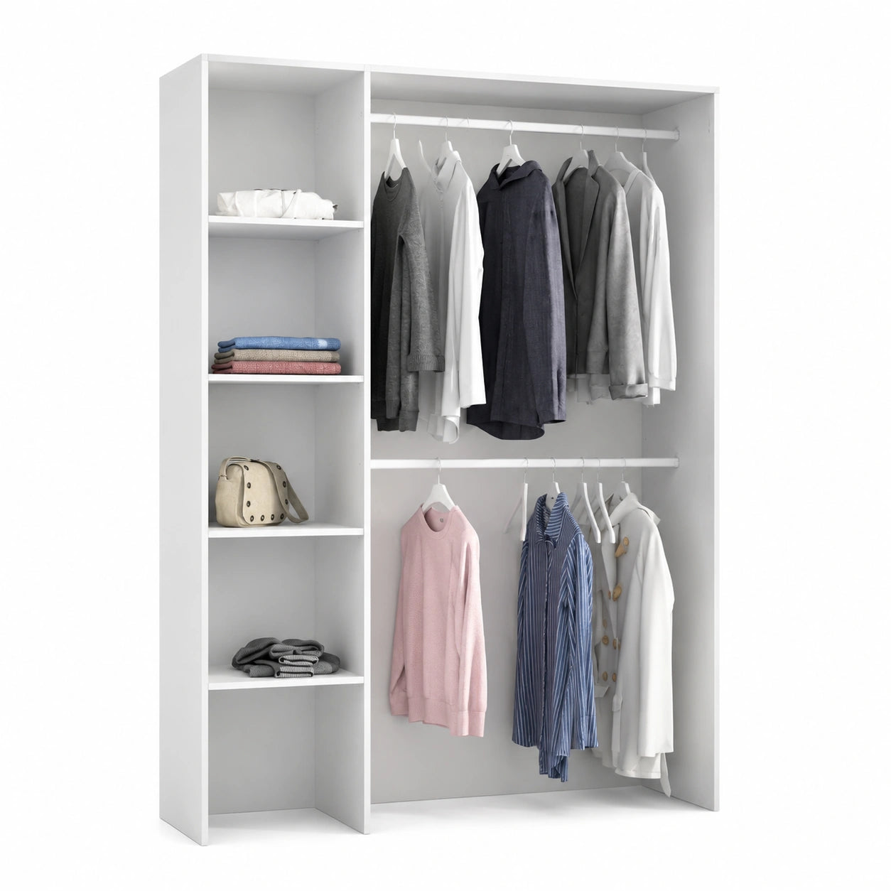 Dmora - Offener Kleiderschrank Makalu, begehbare Garderobenstruktur, 140 x 40 x 187 cm, Weiß