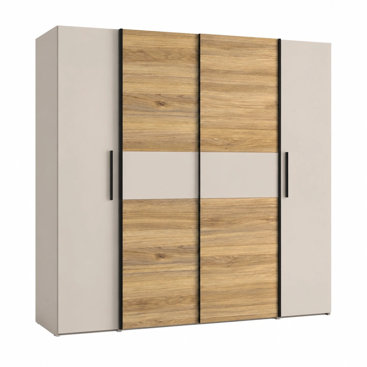 Moderner Kleiderschrank mit Dreh- und Schwebetüren, 4-türig, Eichedekor/Kaschmir Beige, 200 cm