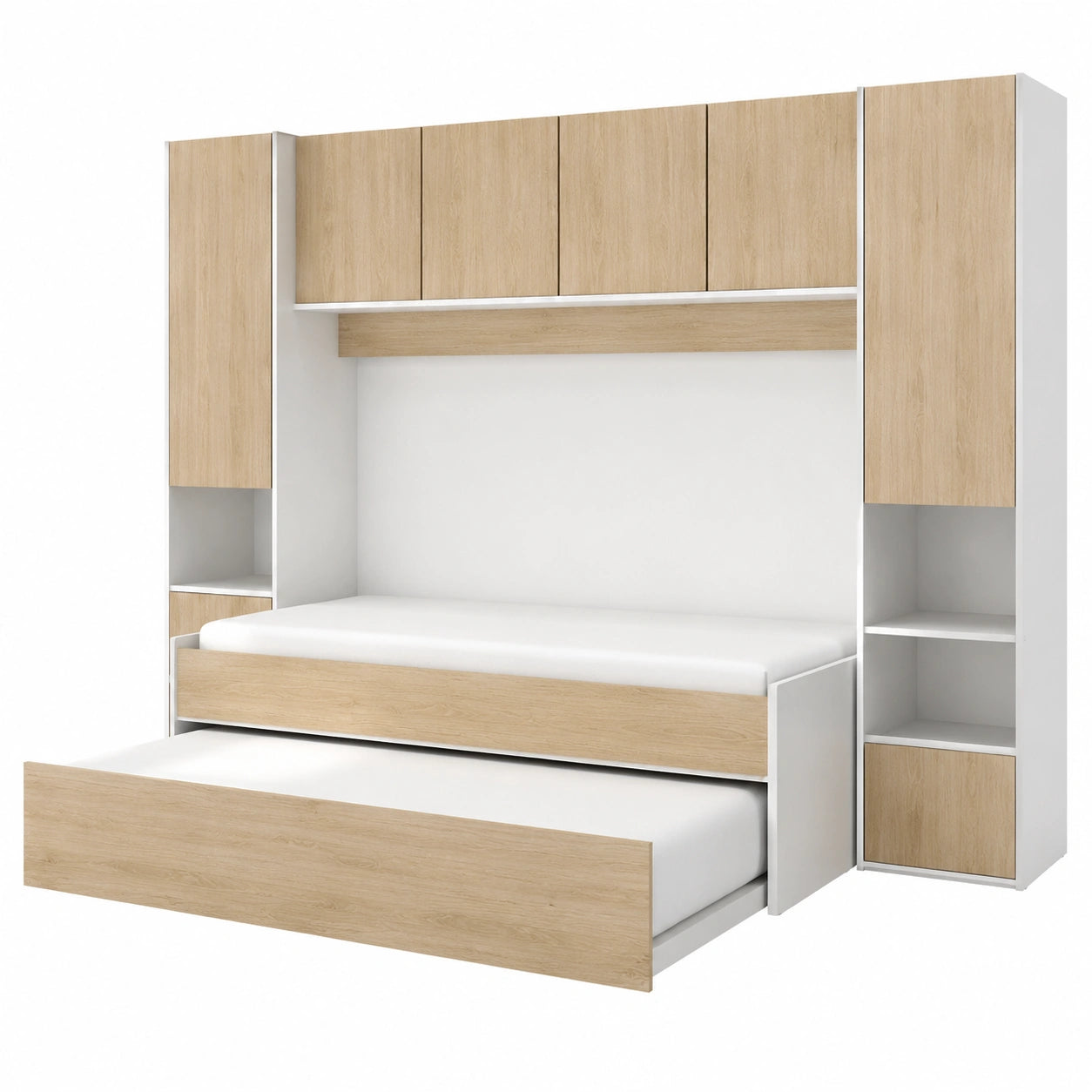 Jugendzimmer-Komplettset Venturosa mit Schwebetürenschrank und Kommode, inklusive Bett und Ausziehbett, Eiche/Weiß, 303x97x203 cm