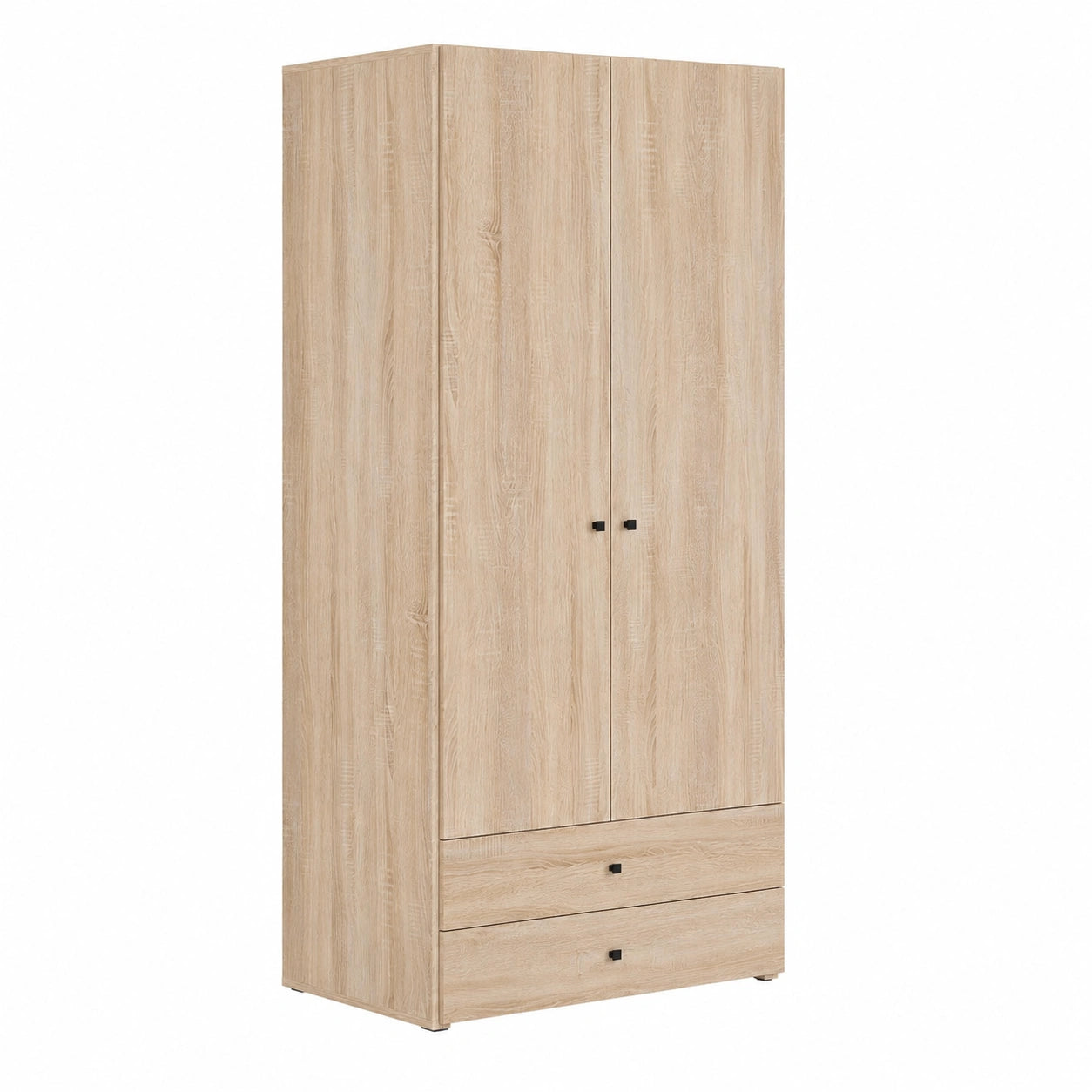 Moderner Kleiderschrank aus Eichenholz mit 2 Türen, Hutablage, Kleiderstange und Schubladen