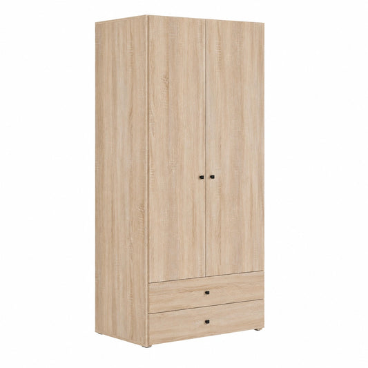 Moderner Kleiderschrank aus Eichenholz mit 2 Türen, Hutablage, Kleiderstange und Schubladen