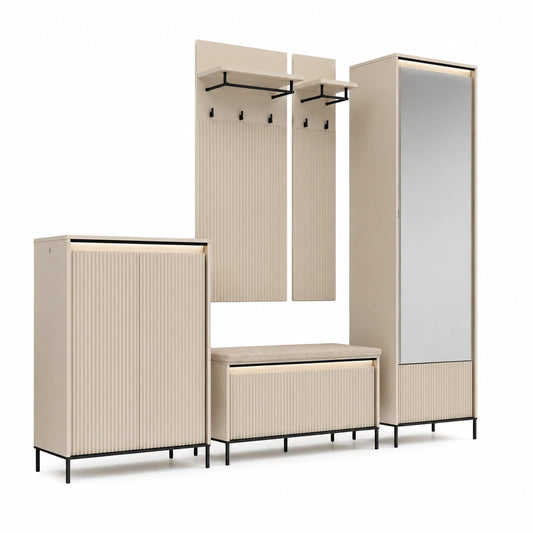 Moderne Flurgarderobe mit LED-Beleuchtung und Spiegel, Beige/Schwarz