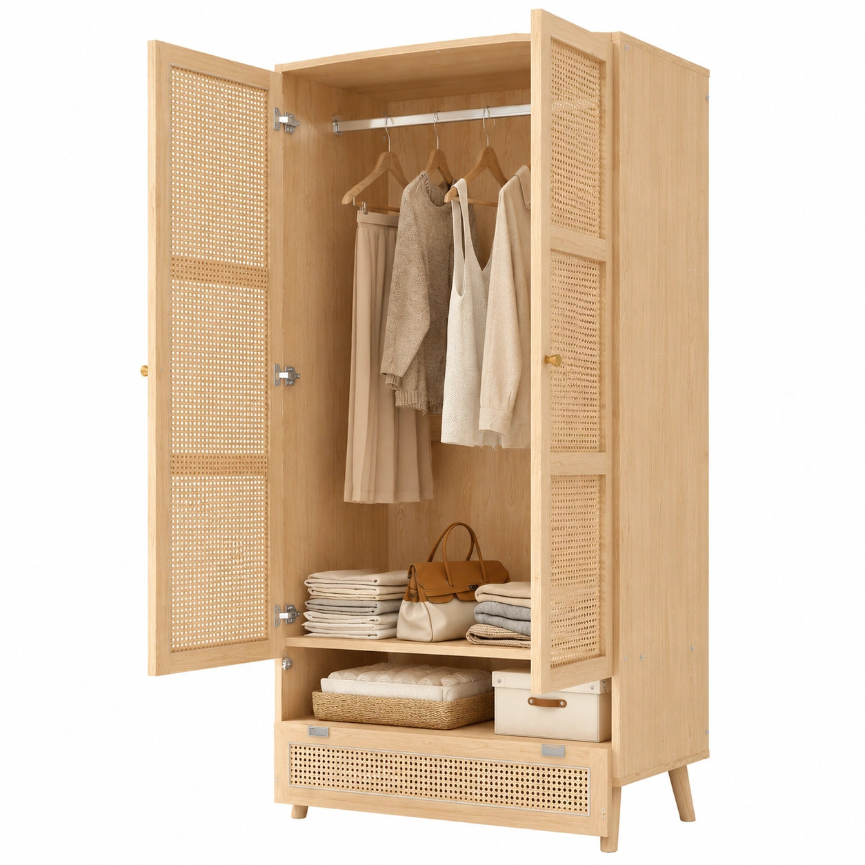 Moderner Kleiderschrank mit Rattandesign und Aufbewahrung, 2-türig, für Schlafzimmer